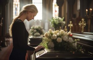 woman grieving at coffin
